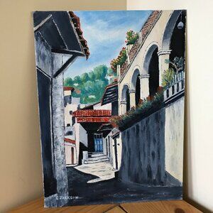 Mediterranean Village Original Oil Painting Vintage Artwork Signed G. Jackson